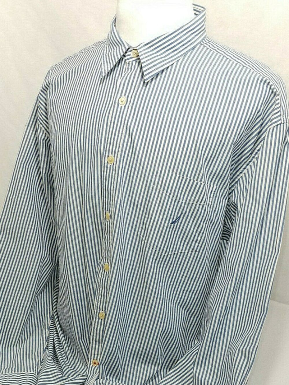Nautica Vintage Blue White Striped L/S Button Front Cool Cotton Shirt Mens XXL